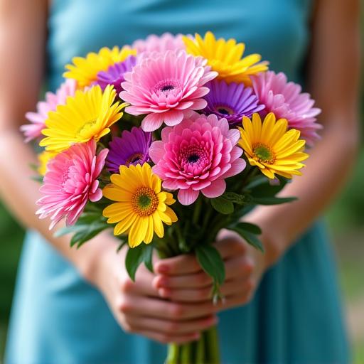 Un bouquet colorato di fiori freschi tenuto in mano.